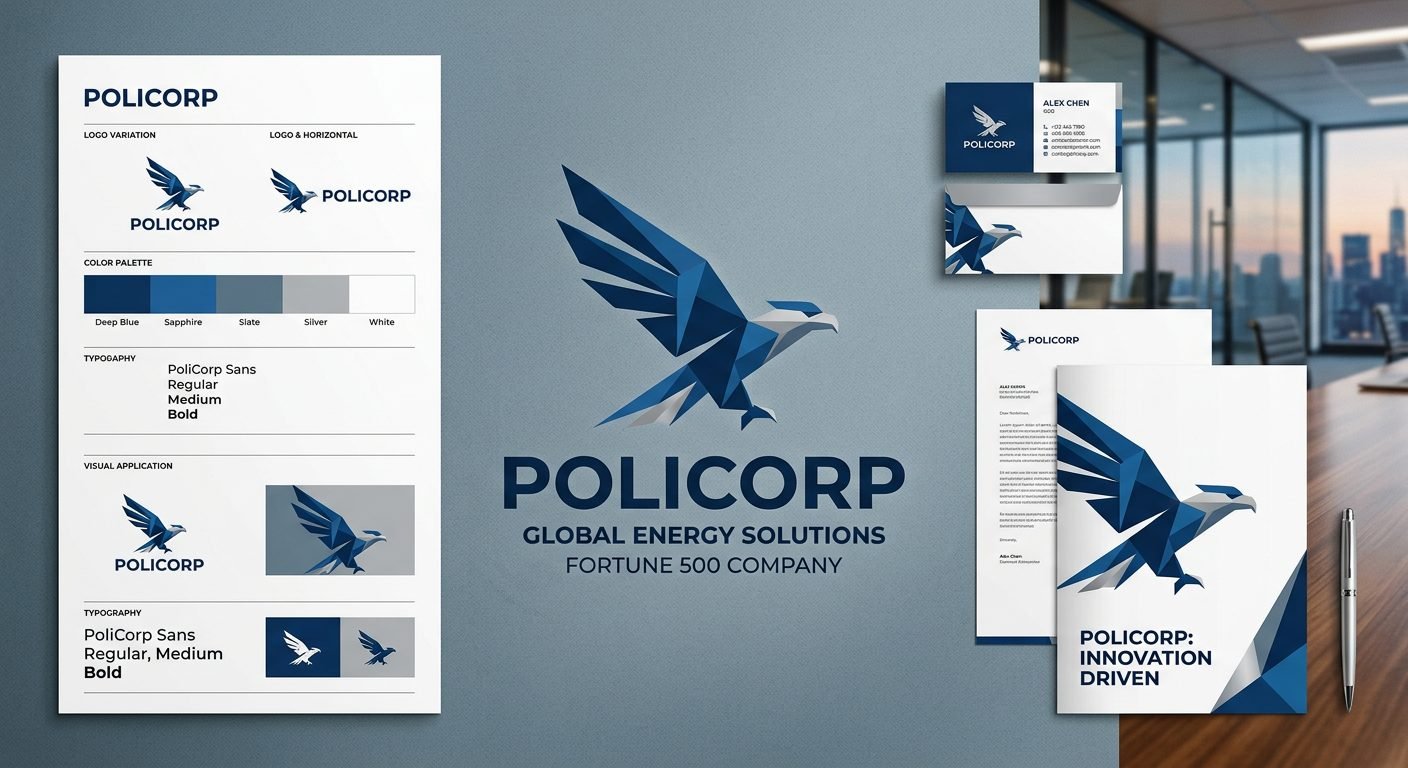 PoliCorp brand guidelines: sapphire eagle mark with stationery system